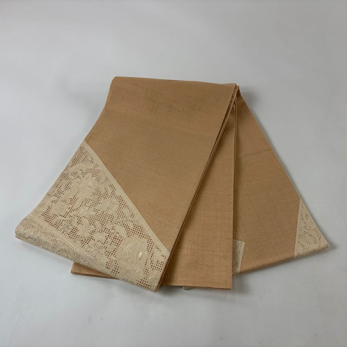 【美品】 袋帶 秀品級 紬織織 草花紋紋 刺繡 淺橙色 大鼓圖案 純蠶絲
