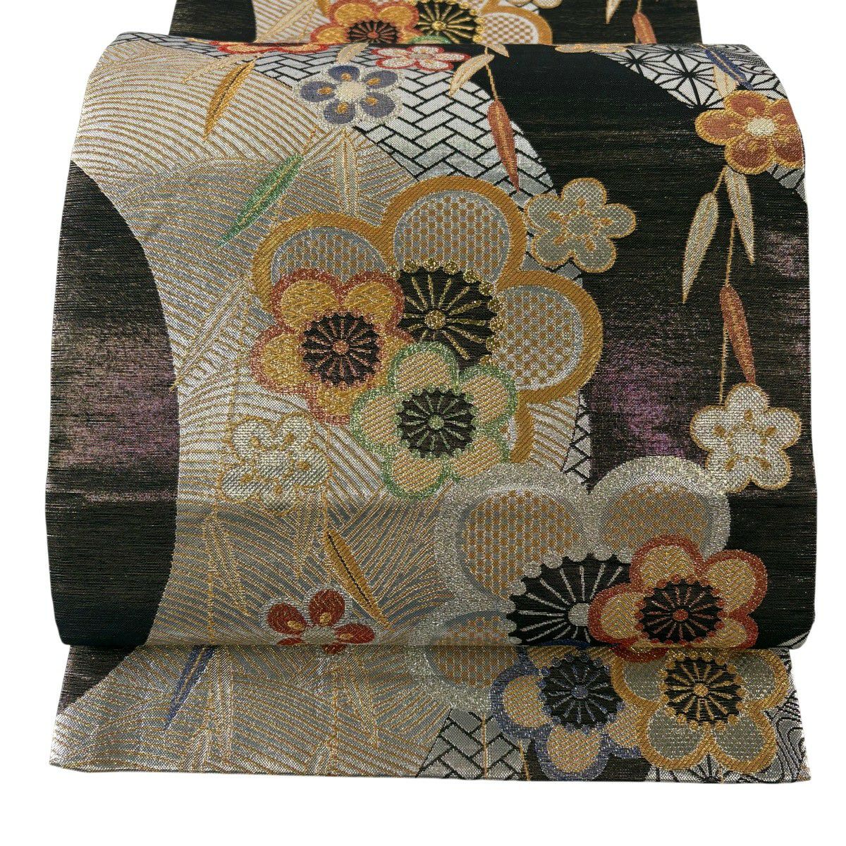 【美品】 袋帶 秀品級 粋雅 梅花 笹 金絲 金金箔 茶綠 六通 純蠶絲