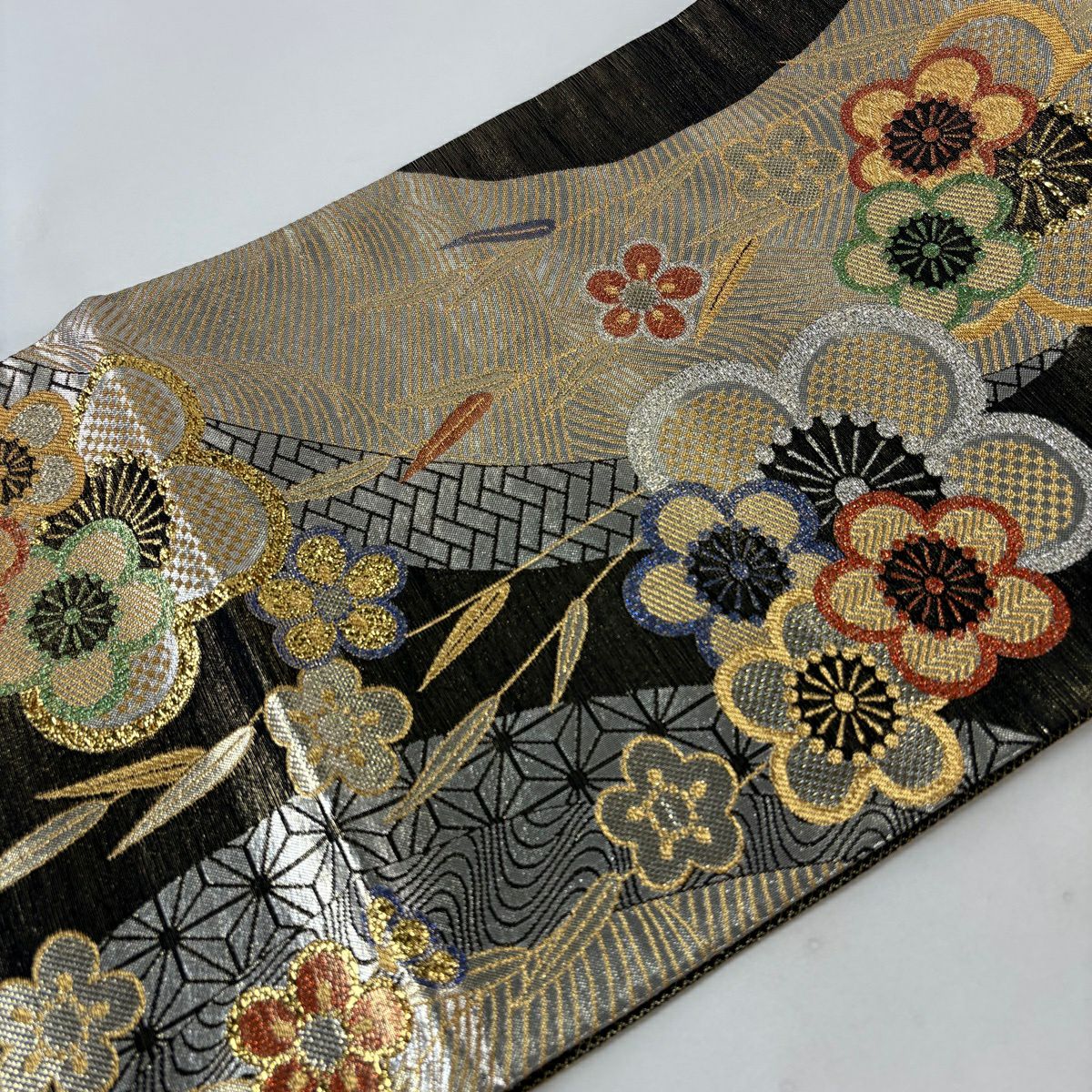 【美品】 袋帶 秀品級 粋雅 梅花 笹 金絲 金金箔 茶綠 六通 純蠶絲