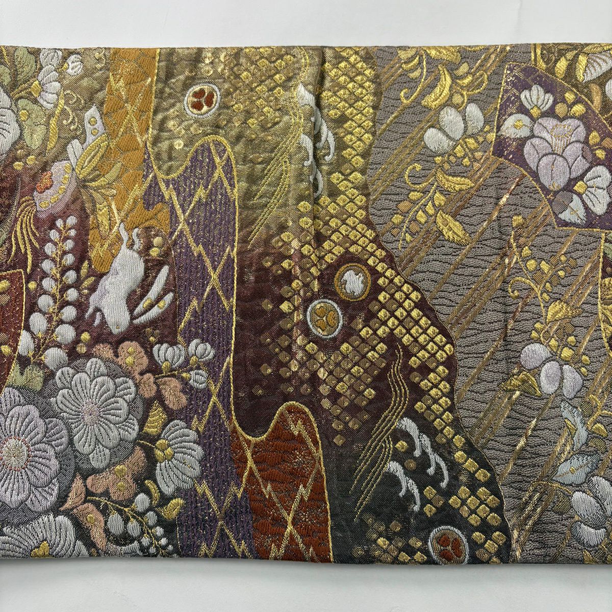 【美品】 袋帶 秀品級 大和 辻花染圖案 兔子 金銀彩 金金箔 小豆色 六通 純蠶絲