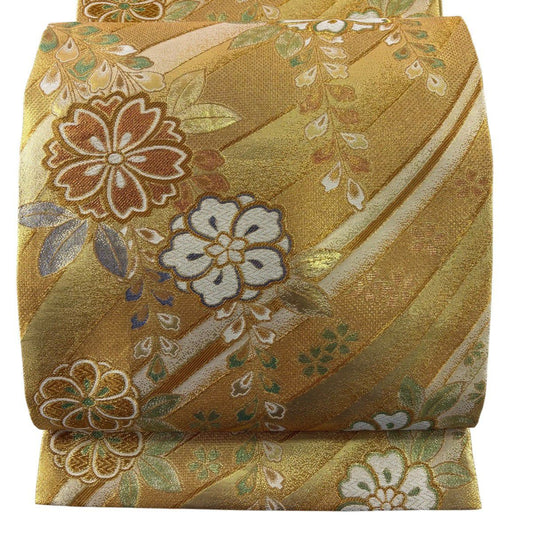 袋帶 秀品級 振袖禮服禮服用 櫻花 流水 金絲 唐織 金色 六通 純蠶絲