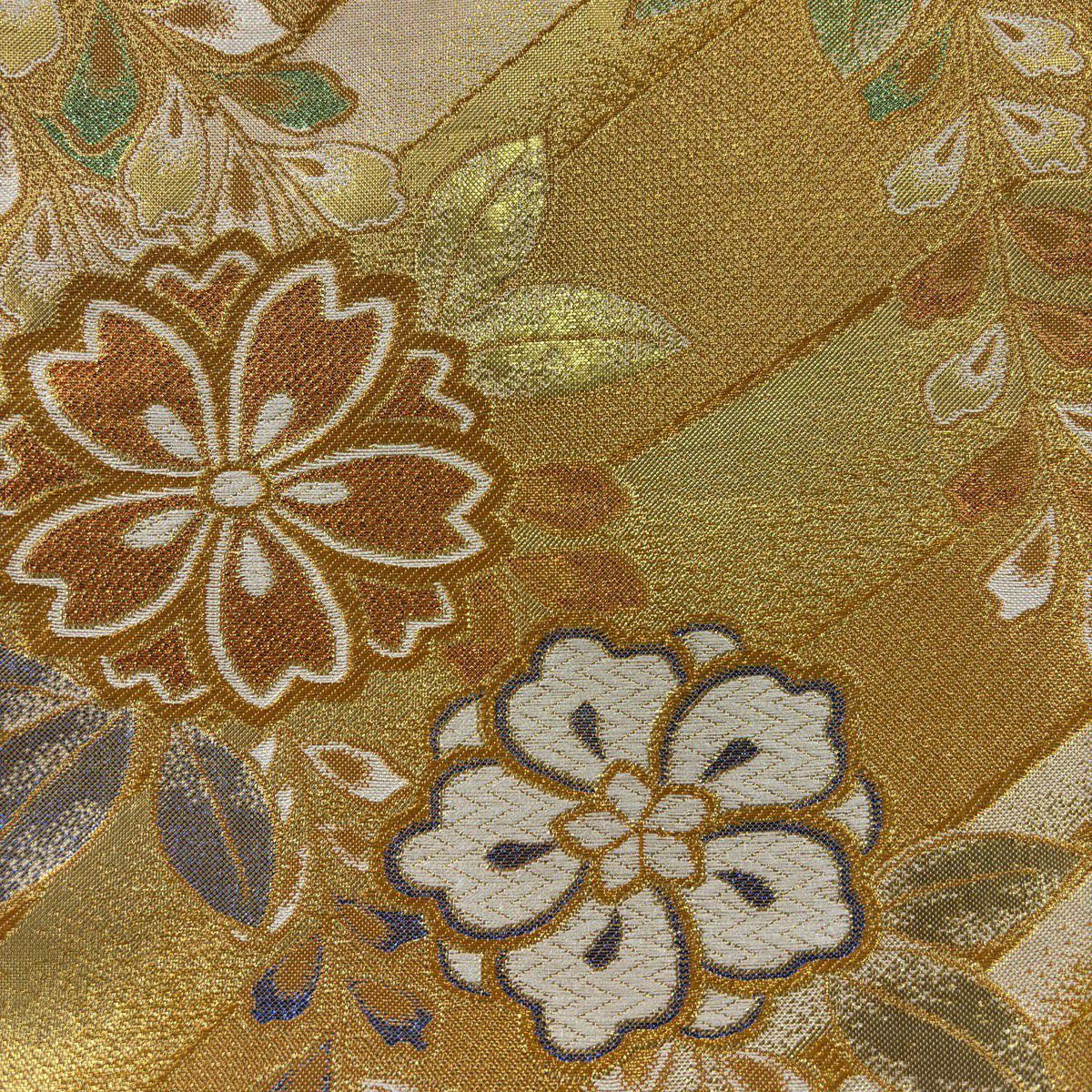 袋帶 秀品級 振袖禮服禮服用 櫻花 流水 金絲 唐織 金色 六通 純蠶絲