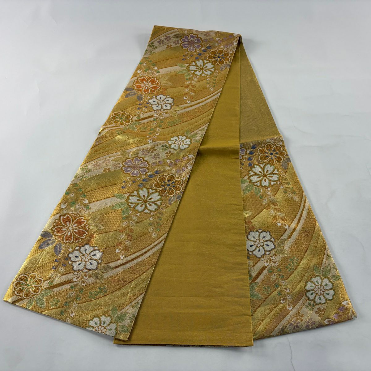 袋帶 秀品級 振袖禮服禮服用 櫻花 流水 金絲 唐織 金色 六通 純蠶絲