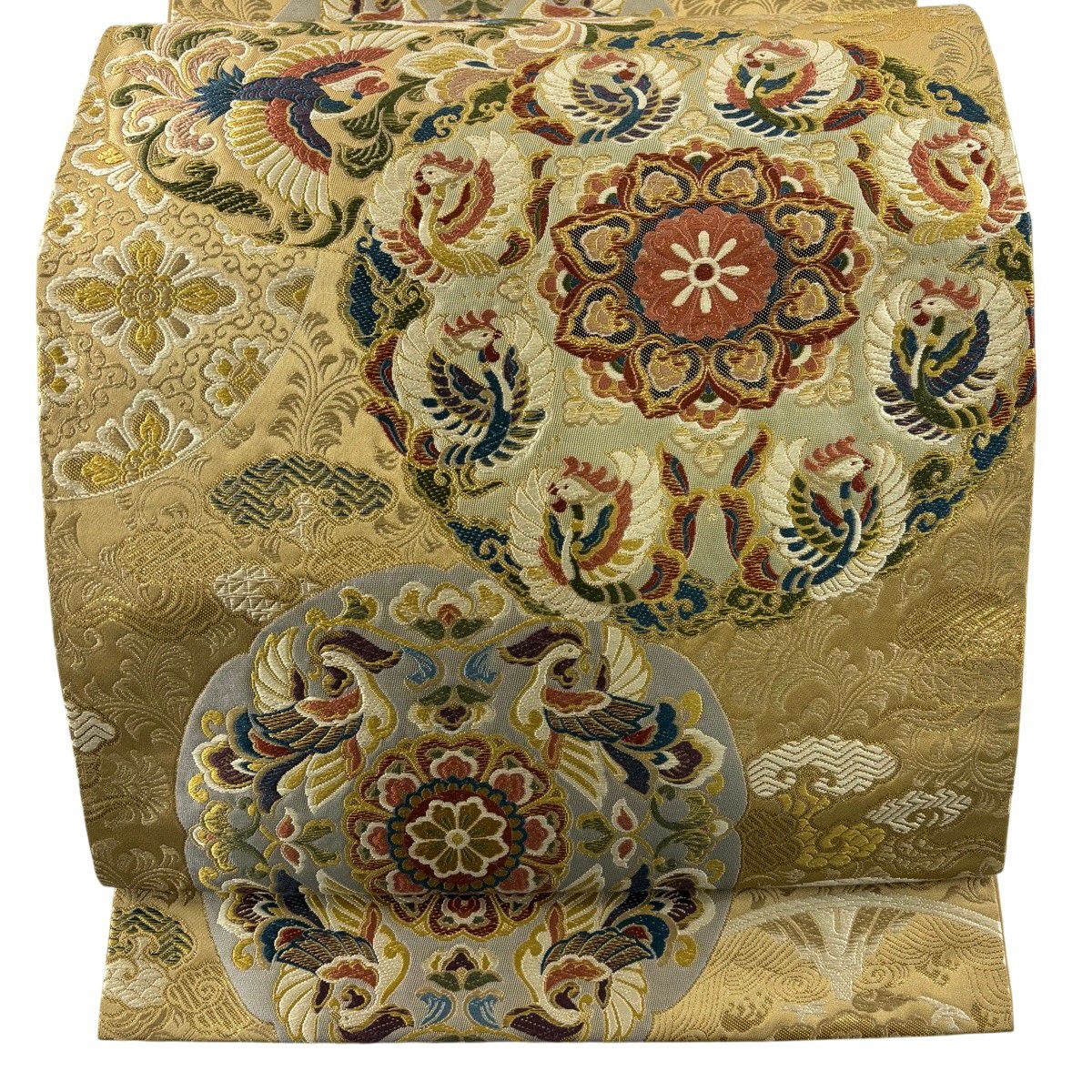 【美品】 袋帶 秀品級 鳳凰 華紋 唐織 金金箔 米色 六通 純蠶絲