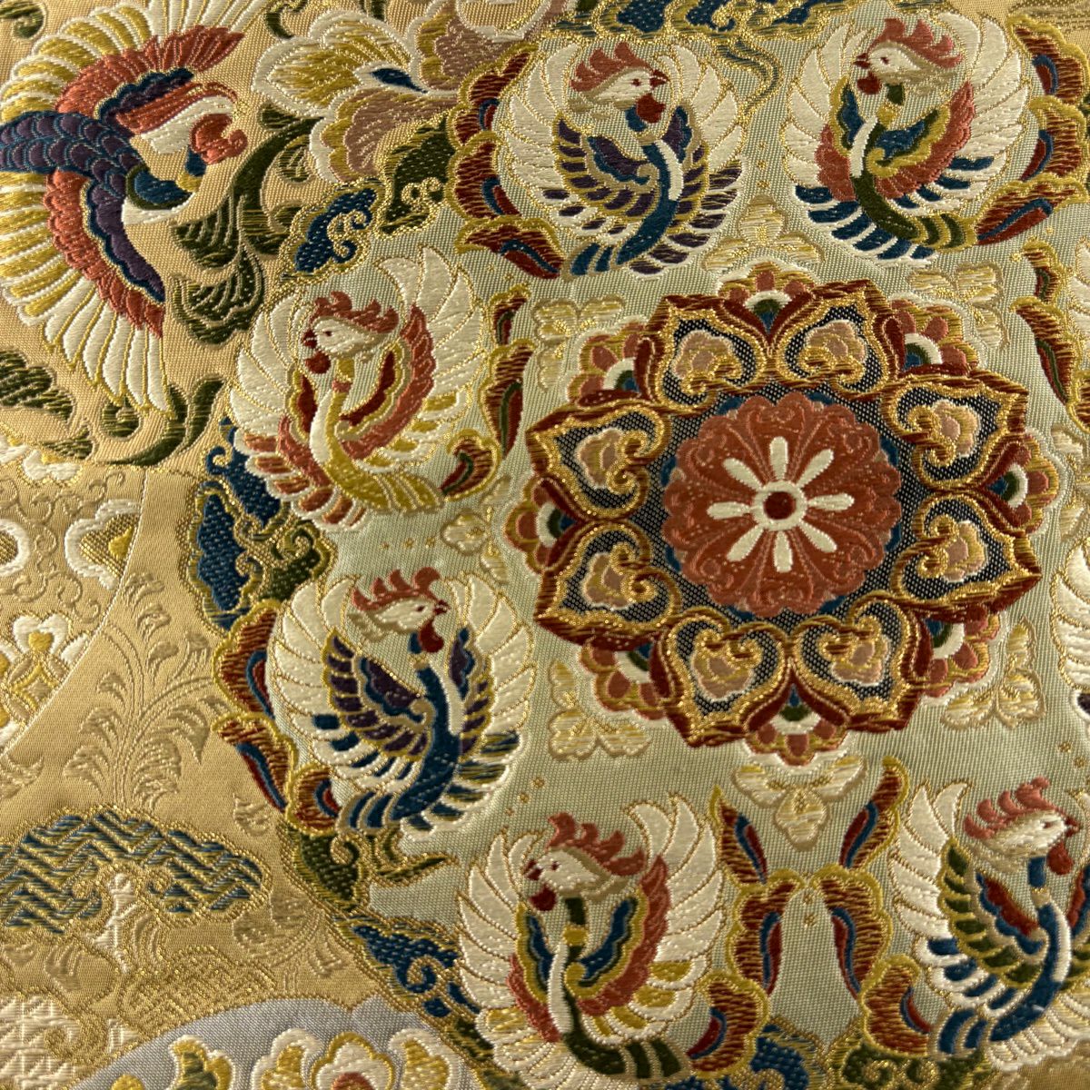 【美品】 袋帶 秀品級 鳳凰 華紋 唐織 金金箔 米色 六通 純蠶絲
