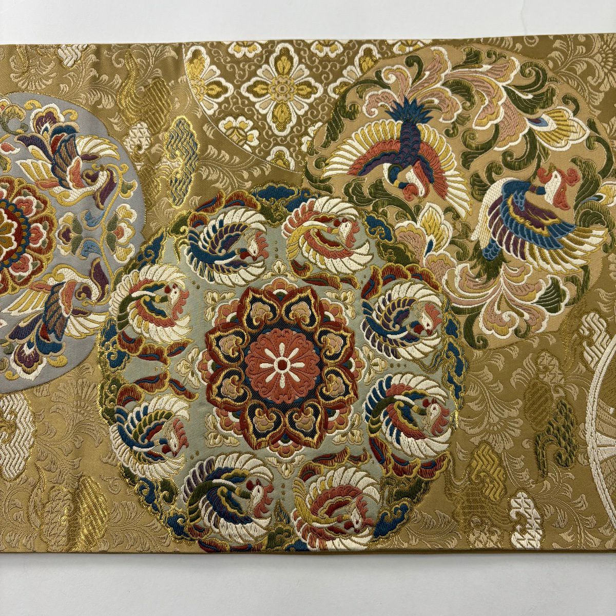 【美品】 袋帶 秀品級 鳳凰 華紋 唐織 金金箔 米色 六通 純蠶絲