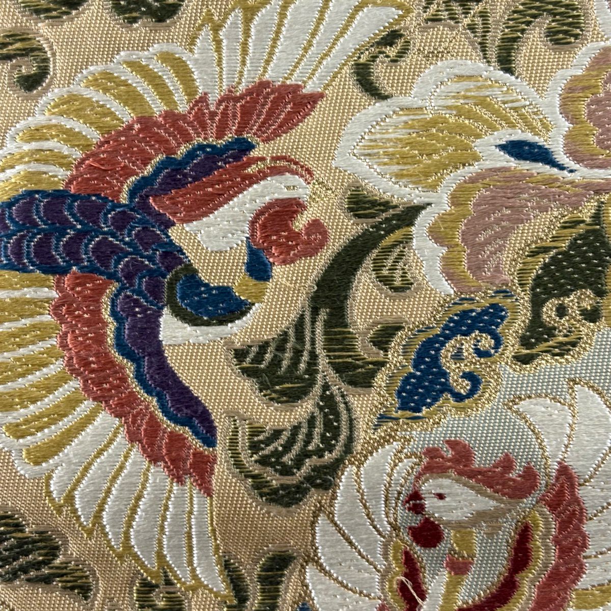 【美品】 袋帶 秀品級 鳳凰 華紋 唐織 金金箔 米色 六通 純蠶絲
