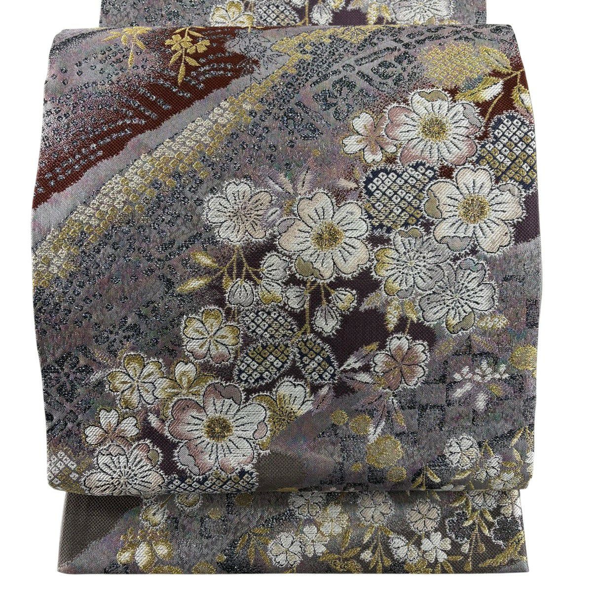 【美品】 袋帶 秀品級 落款あり 高台寺400周年 道長に枝垂櫻花 やまと 櫻花 金銀彩 金箔 灰紫 六通 純蠶絲