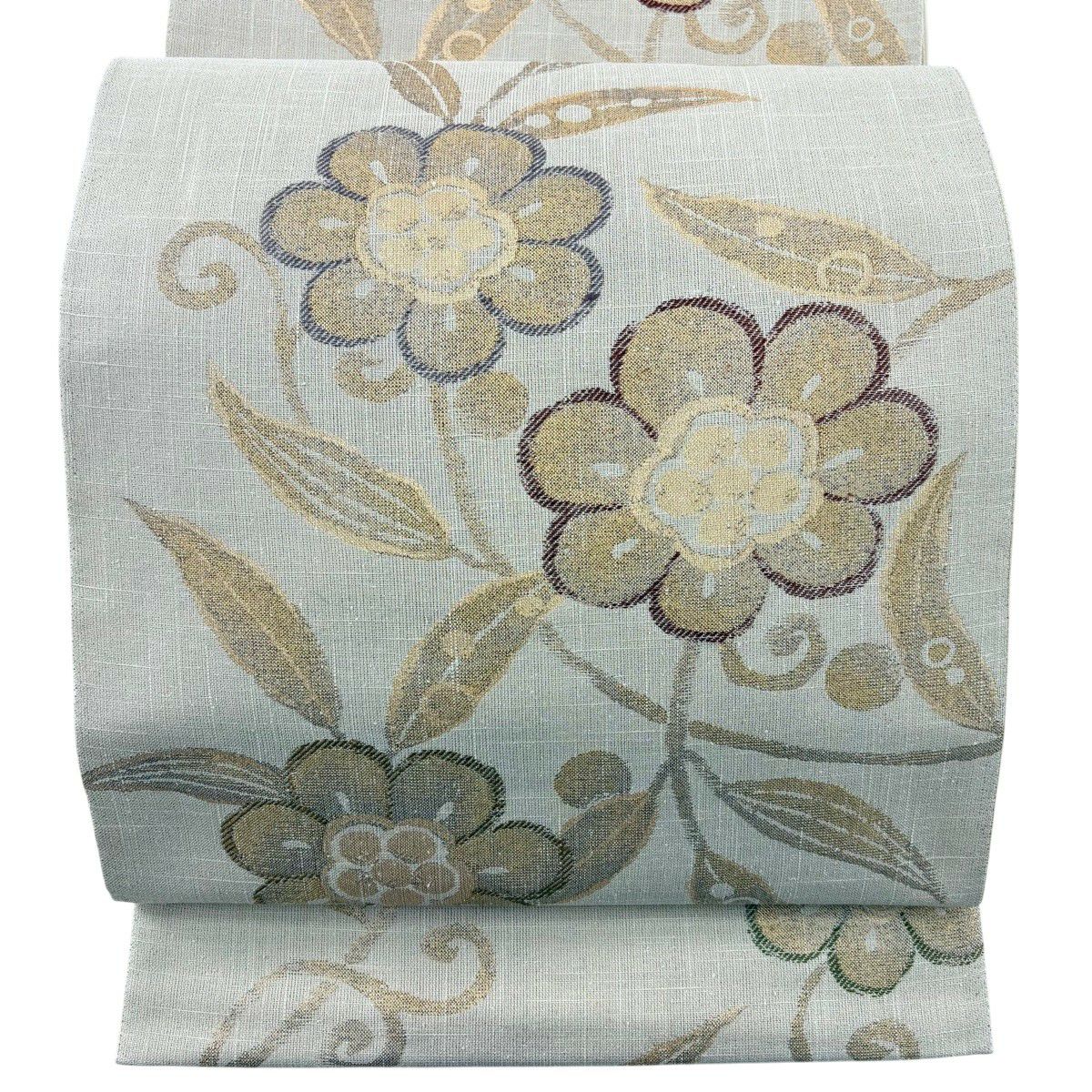 【美品】 袋帶 秀品級 草花紋 金糸 金金箔 灰茶 六通 純蠶絲