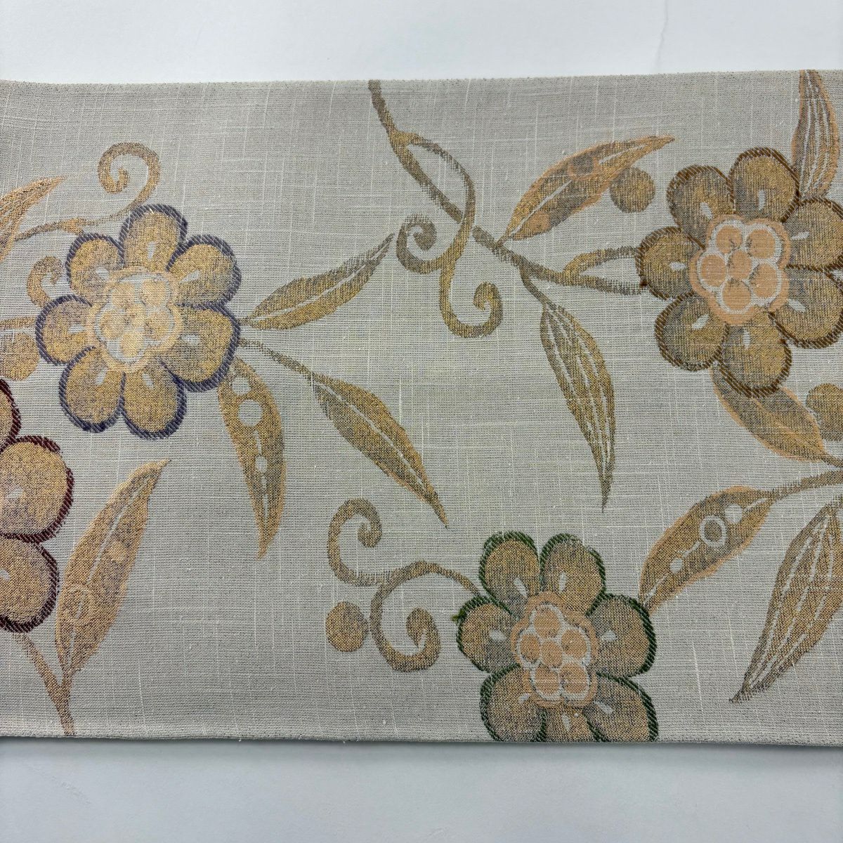 【美品】 袋帶 秀品級 草花紋 金糸 金金箔 灰茶 六通 純蠶絲