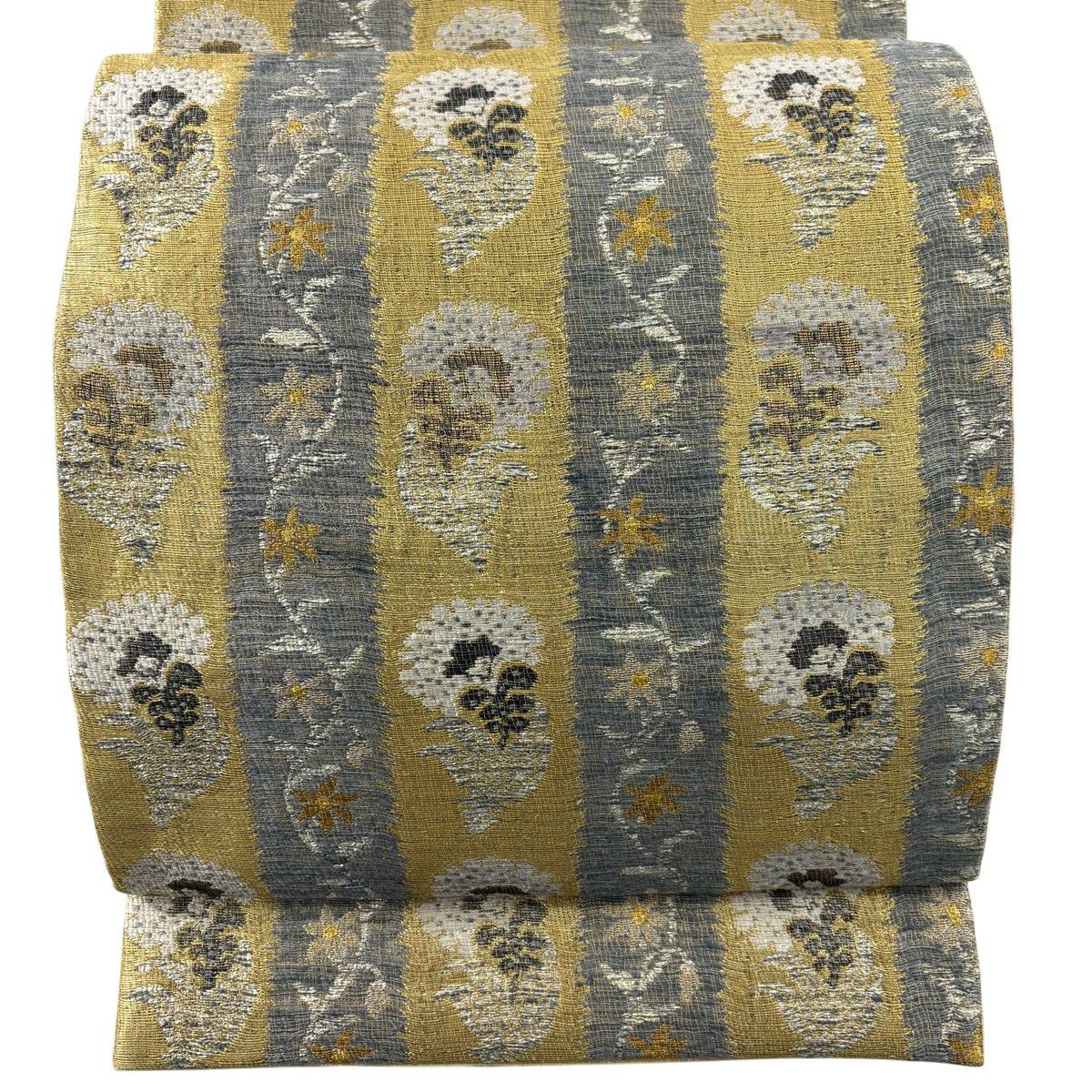 袋帶 秀品級 條紋 草花紋紋 金絲 金金箔 灰色 六通 純蠶絲