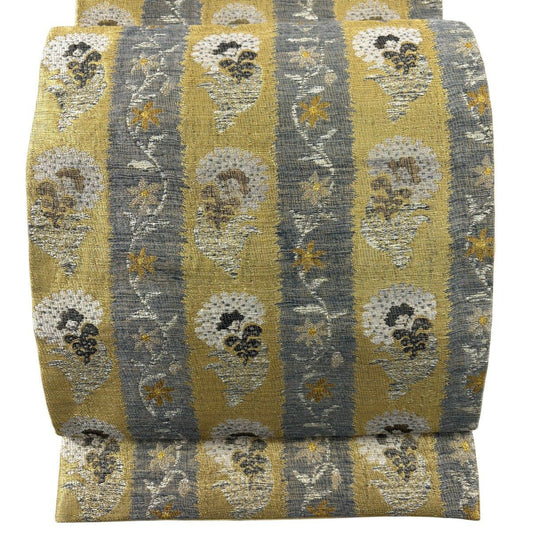 袋帶 秀品級 條紋 草花紋紋 金絲 金金箔 灰色 六通 純蠶絲
