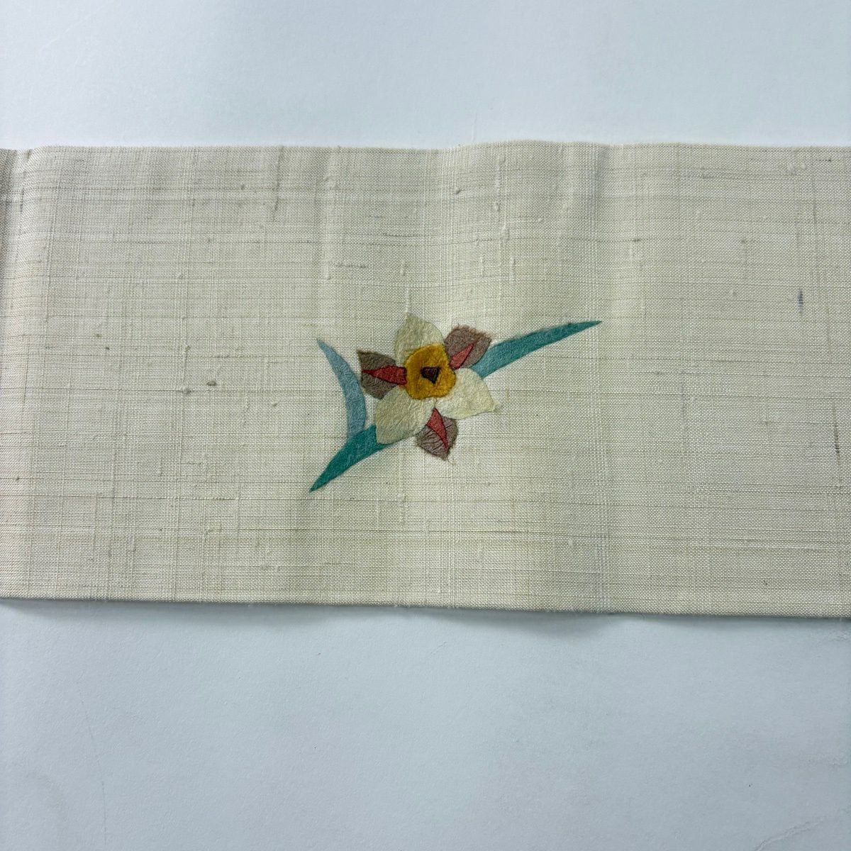 【美品】 名古屋帶 秀品級 附落款 紬織織 和紙 草花紋紋 奶油色 純蠶絲