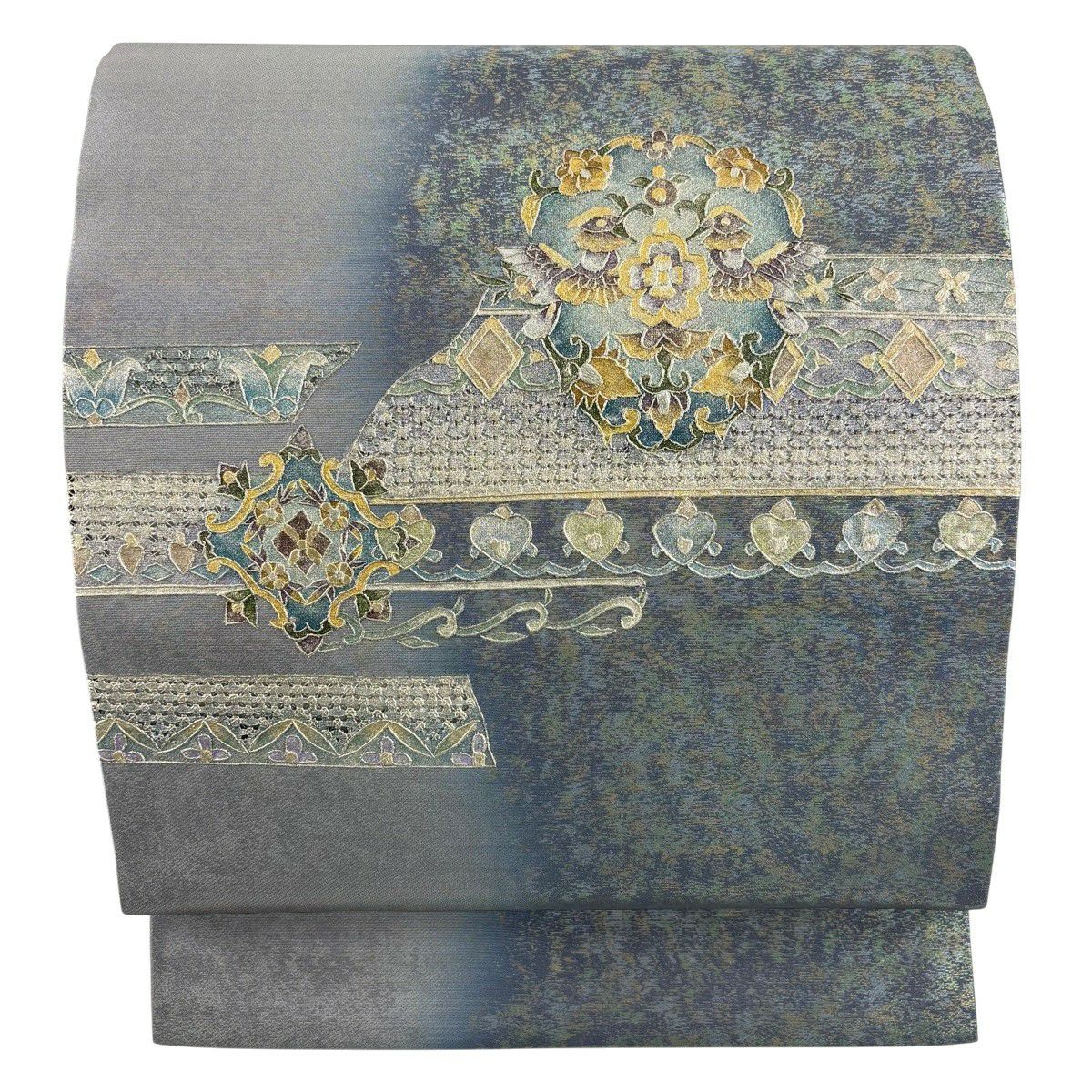 【美品】 名古屋帶 秀品級 向鳥 草花紋刺繡 金銀彩 青灰 純蠶絲