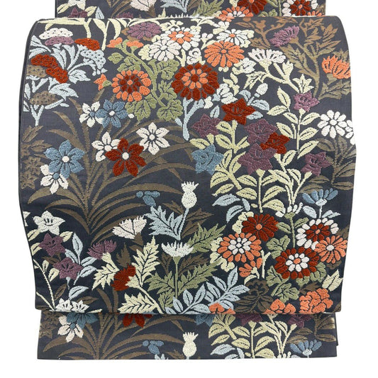 袋帶 秀品級 秋草 刺繡 金金箔 灰紫 六通 純蠶絲
