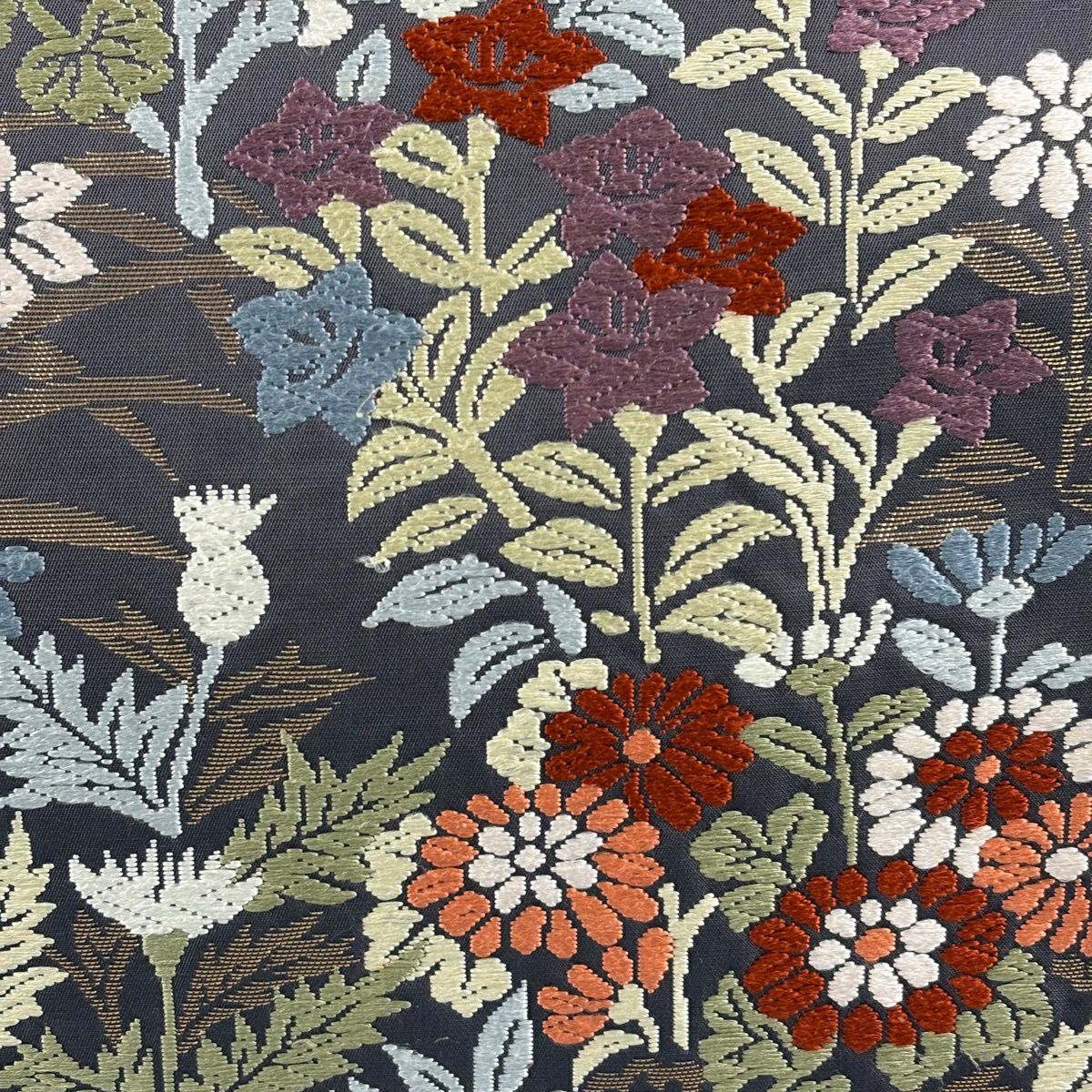 袋帶 秀品級 秋草 刺繡 金金箔 灰紫 六通 純蠶絲