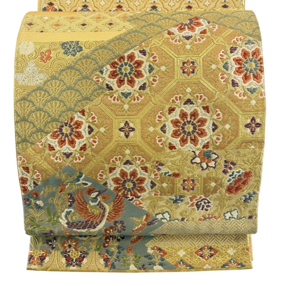 【美品】 袋帶 秀品級 蜀江華紋 鳳凰 金銀彩 刺繡 金 六通 純蠶絲