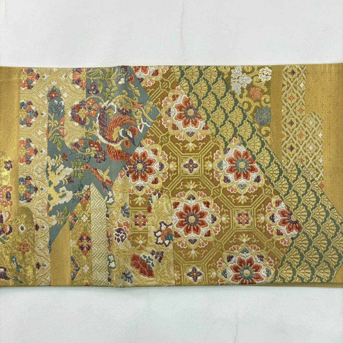 【美品】 袋帶 秀品級 蜀江華紋 鳳凰 金銀彩 刺繡 金 六通 純蠶絲