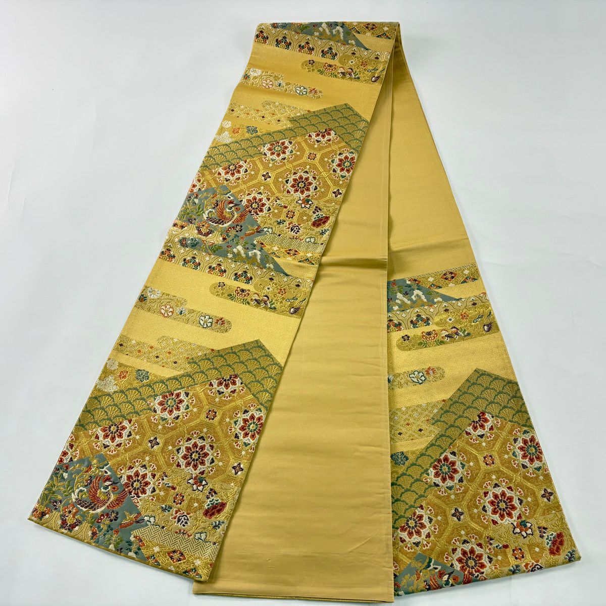 【美品】 袋帶 秀品級 蜀江華紋 鳳凰 金銀彩 刺繡 金 六通 純蠶絲