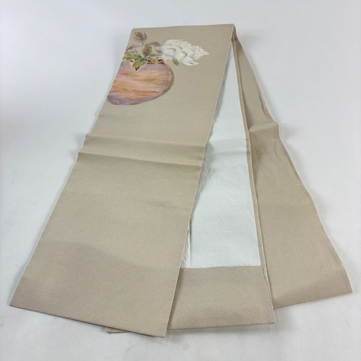 【美品】 開口名古屋帶 優品級 花器 金銀彩 絞織 灰茶 純蠶絲
