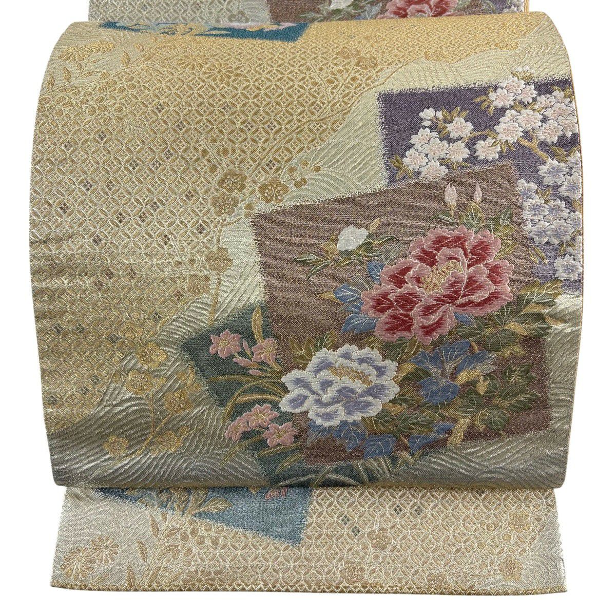 【美品】 袋帶 秀品級 色紙 草花紋刺繡 金絲 金 六通 純蠶絲