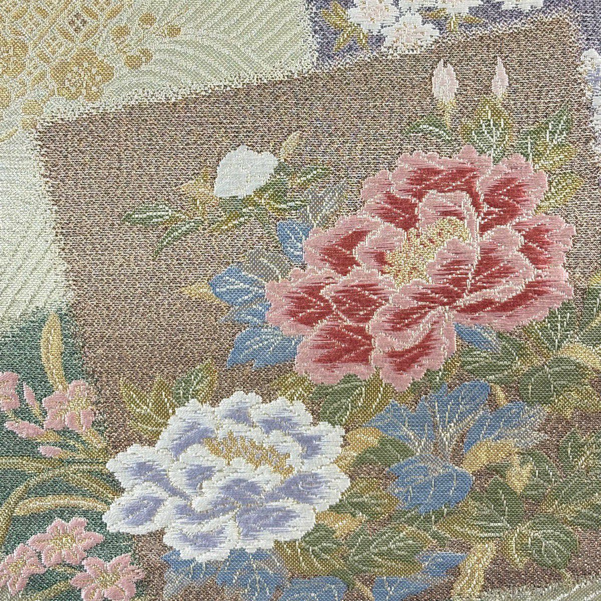 【美品】 袋帶 秀品級 色紙 草花紋刺繡 金絲 金 六通 純蠶絲