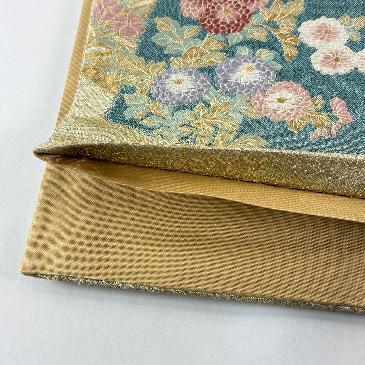 【美品】 袋帶 秀品級 色紙 草花紋刺繡 金絲 金 六通 純蠶絲