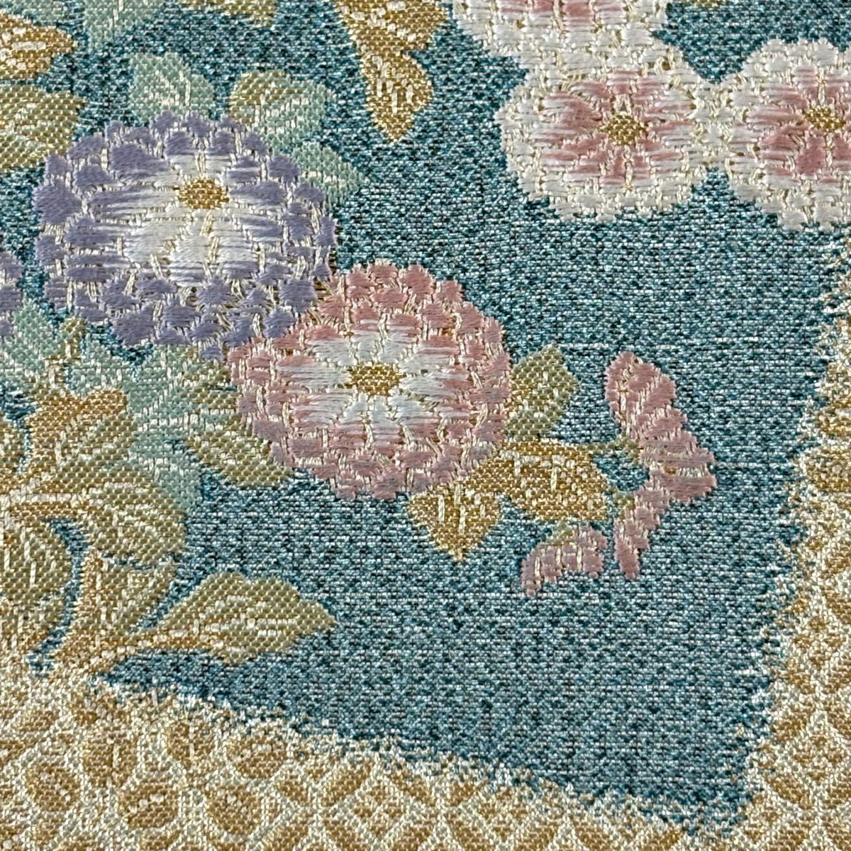 【美品】 袋帶 秀品級 色紙 草花紋刺繡 金絲 金 六通 純蠶絲