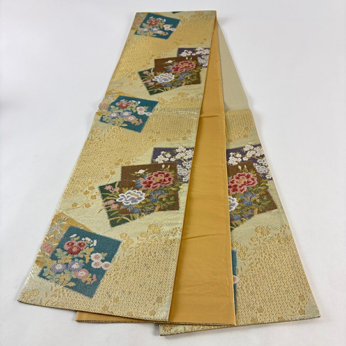 【美品】 袋帶 秀品級 色紙 草花紋刺繡 金絲 金 六通 純蠶絲