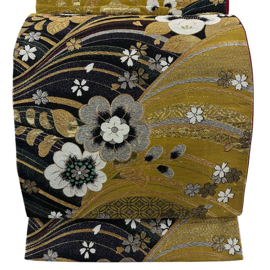 袋帶 秀品級 草花紋紋 波紋 刺繡 金銀彩 黃土色 六通 純蠶絲