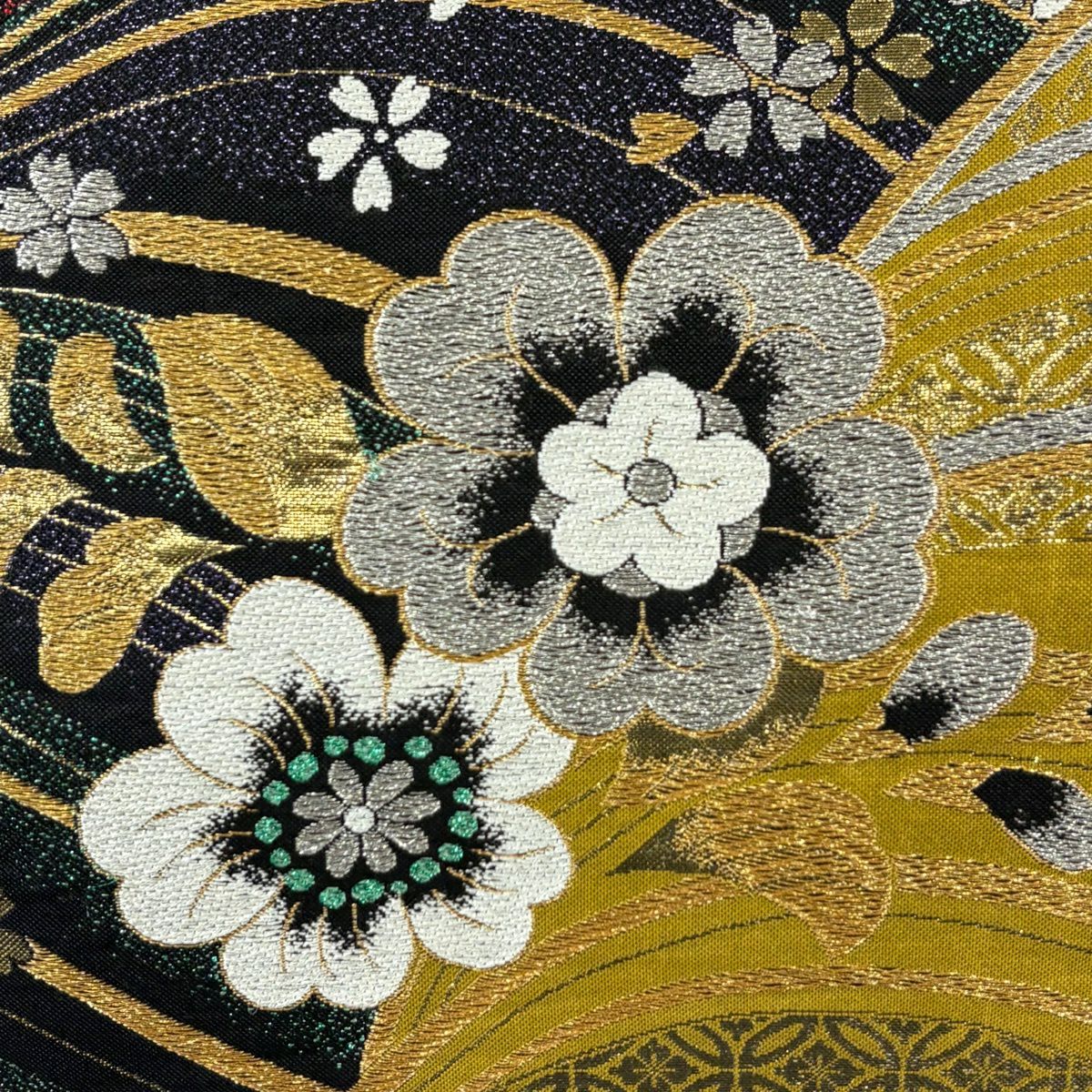袋帶 秀品級 草花紋紋 波紋 刺繡 金銀彩 黃土色 六通 純蠶絲