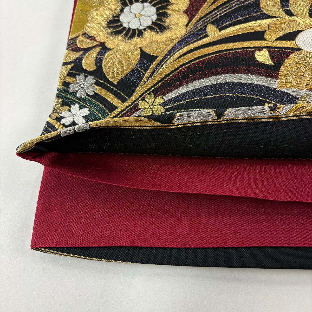 袋帶 秀品級 草花紋紋 波紋 刺繡 金銀彩 黃土色 六通 純蠶絲