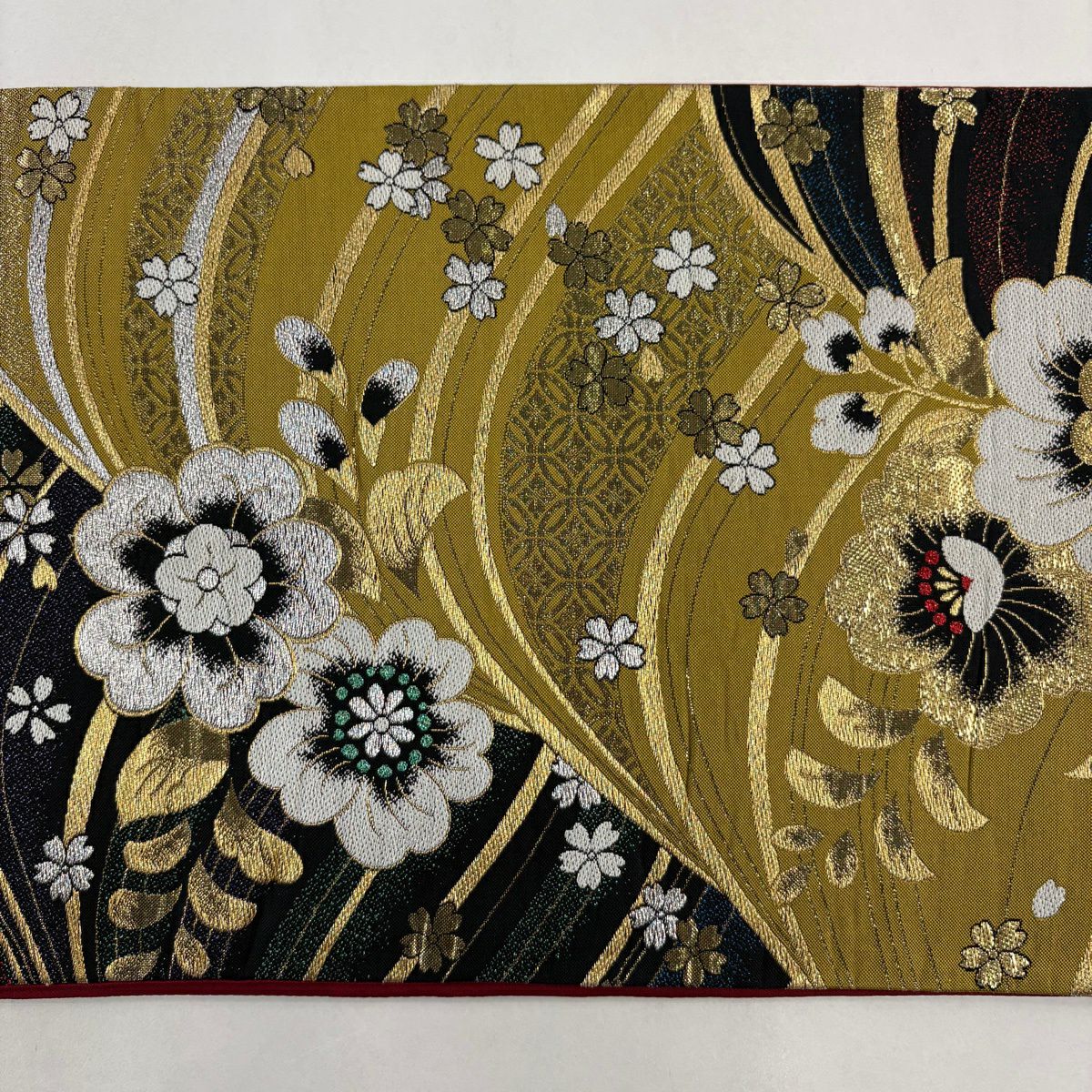 袋帶 秀品級 草花紋紋 波紋 刺繡 金銀彩 黃土色 六通 純蠶絲