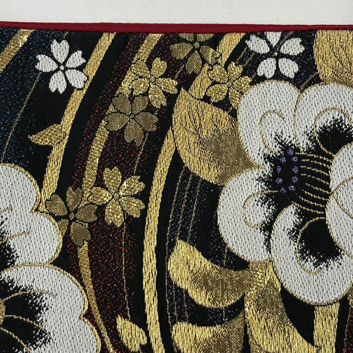 袋帶 秀品級 草花紋紋 波紋 刺繡 金銀彩 黃土色 六通 純蠶絲