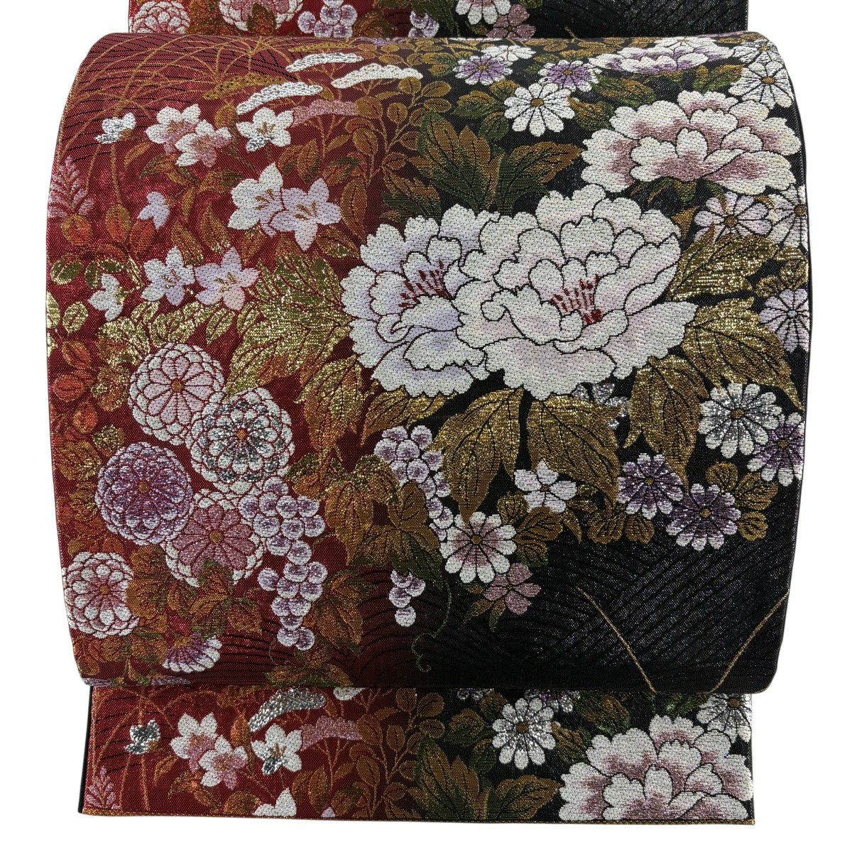 袋帶 秀品級 牡丹 秋草 刺繡 金金箔 紅 六通 純蠶絲