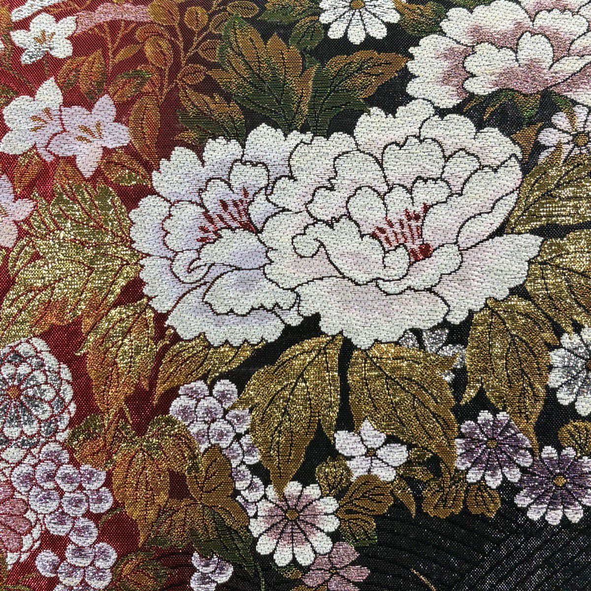 袋帶 秀品級 牡丹 秋草 刺繡 金金箔 紅 六通 純蠶絲