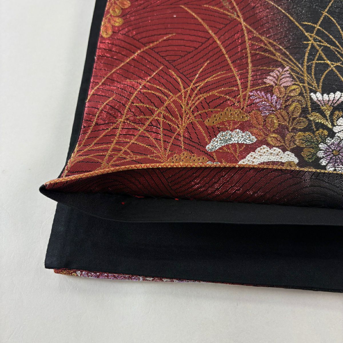袋帶 秀品級 牡丹 秋草 刺繡 金金箔 紅 六通 純蠶絲