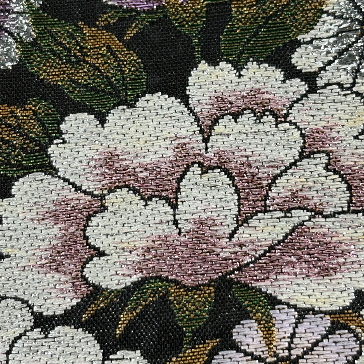 袋帶 秀品級 牡丹 秋草 刺繡 金金箔 紅 六通 純蠶絲