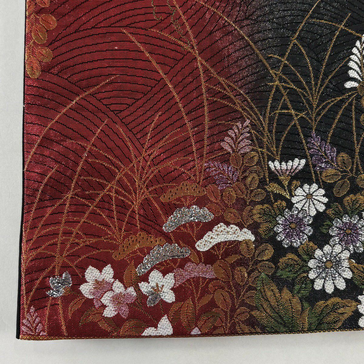 袋帶 秀品級 牡丹 秋草 刺繡 金金箔 紅 六通 純蠶絲