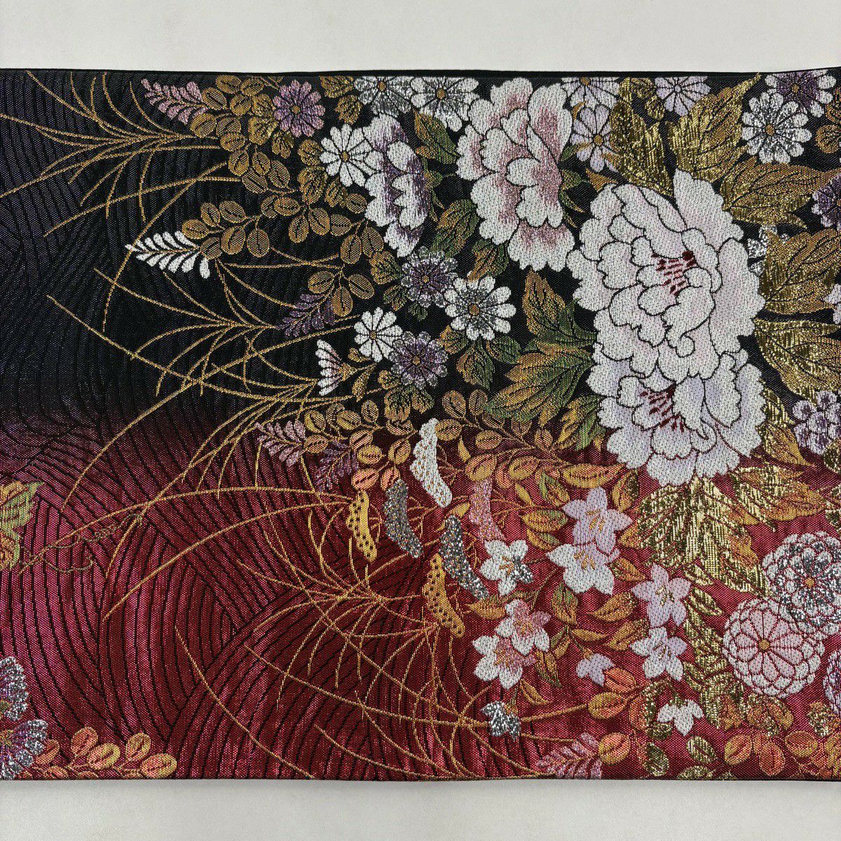 袋帶 秀品級 牡丹 秋草 刺繡 金金箔 紅 六通 純蠶絲