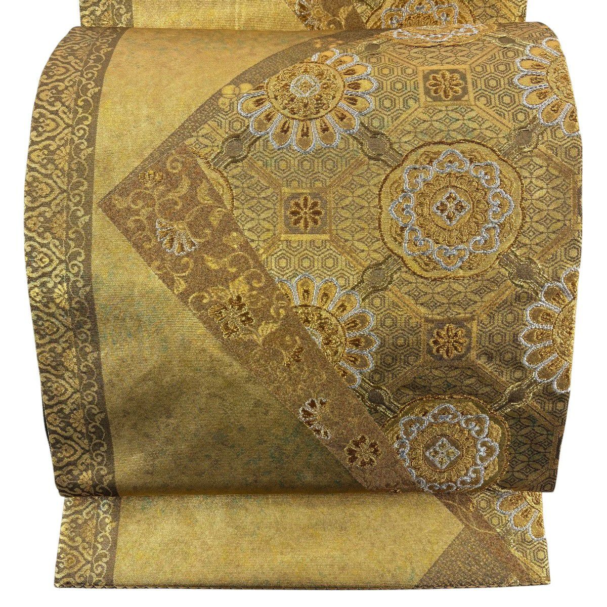 【美品】 袋帶 秀品級 蜀江華紋 草花紋紋 青銅金箔 金銀彩 金色 六通 純蠶絲
