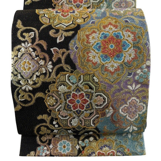 袋帶 秀品級 振袖禮服禮服用 華紋 花唐草紋 金絲 金金箔 黑 六通 純蠶絲