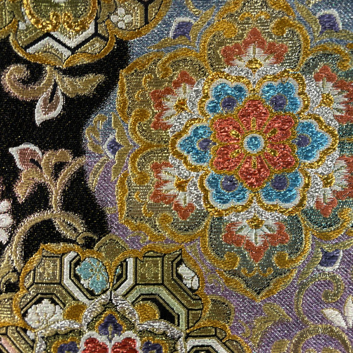 袋帶 秀品級 振袖禮服禮服用 華紋 花唐草紋 金絲 金金箔 黑 六通 純蠶絲