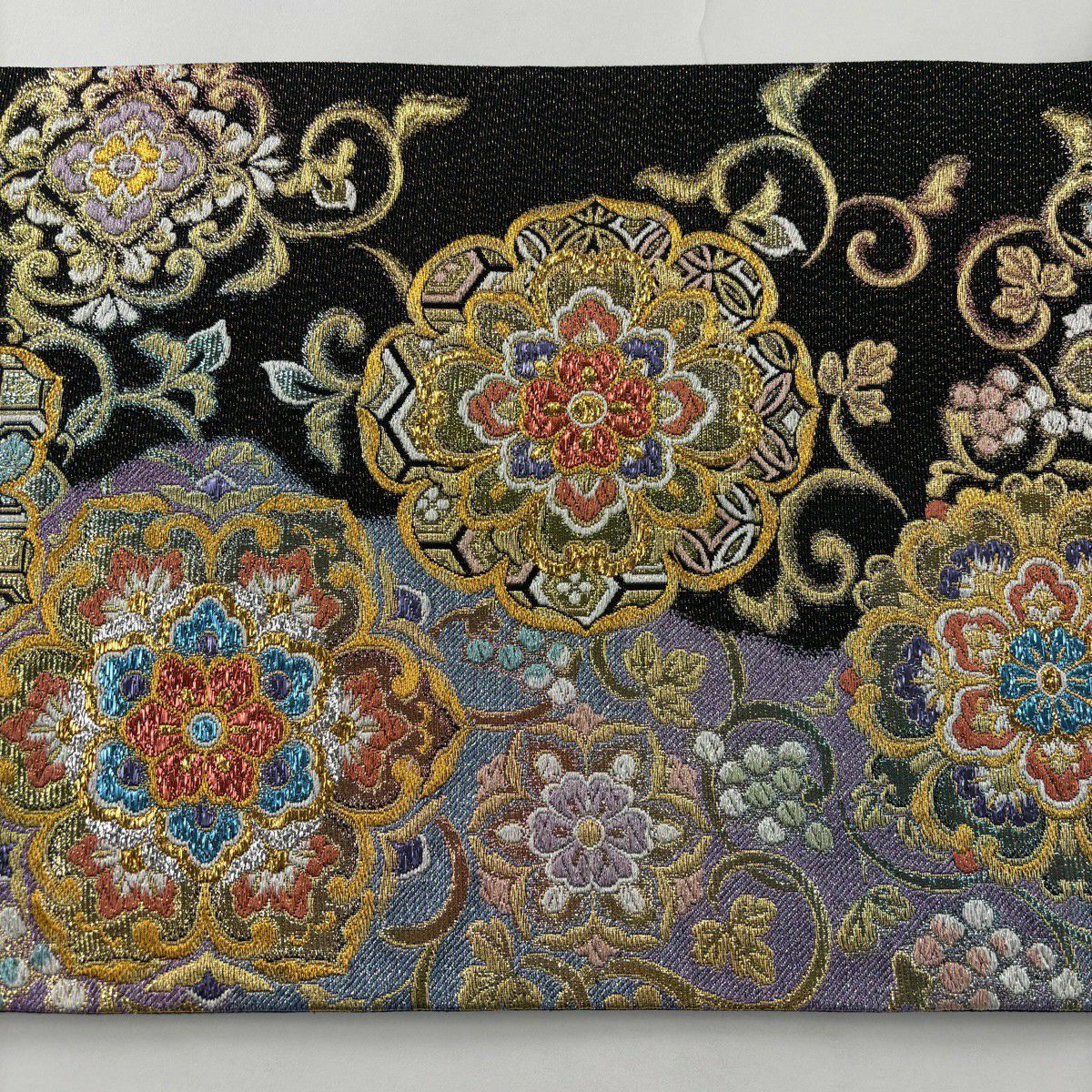 袋帶 秀品級 振袖禮服禮服用 華紋 花唐草紋 金絲 金金箔 黑 六通 純蠶絲