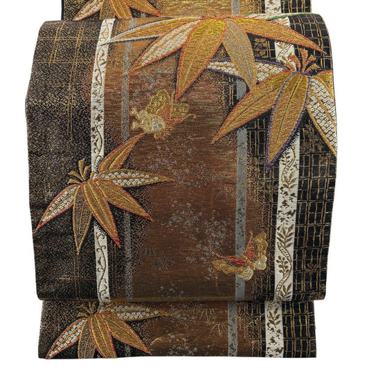 袋帶 秀品級 竹子葉 蝴蝶 唐織 金銀線 金 六通 純蠶絲