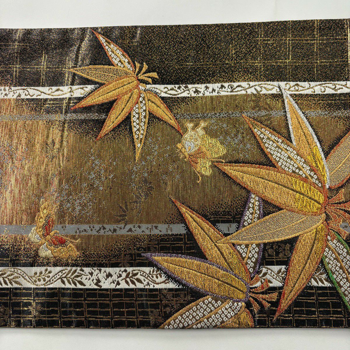 袋帶 秀品級 竹子葉 蝴蝶 唐織 金銀線 金 六通 純蠶絲