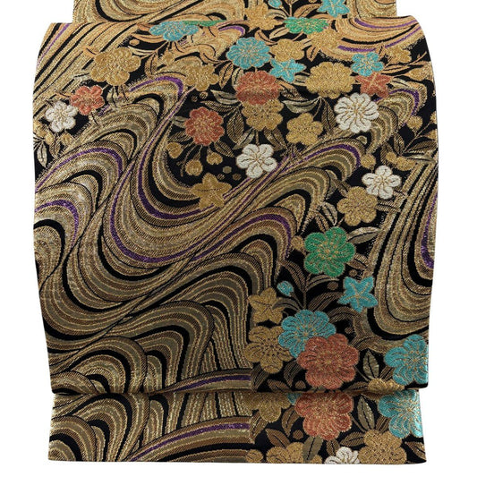 【美品】 袋帶 優品級 振袖禮服禮服用 櫻花 流水 金絲 金金箔 金色 六通 純蠶絲