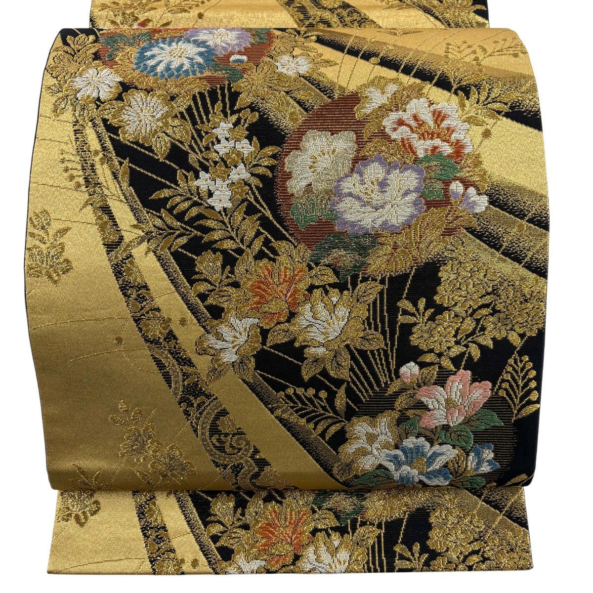 【美品】 袋帶 秀品級 牡丹 菊花 金銀彩 金金箔 金 六通 純蠶絲