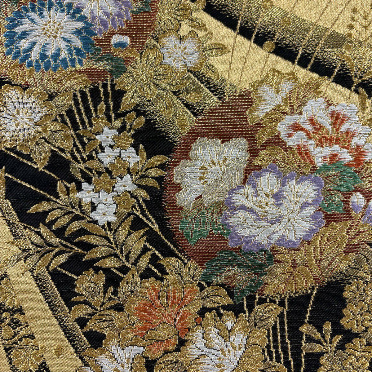 【美品】 袋帶 秀品級 牡丹 菊花 金銀彩 金金箔 金 六通 純蠶絲