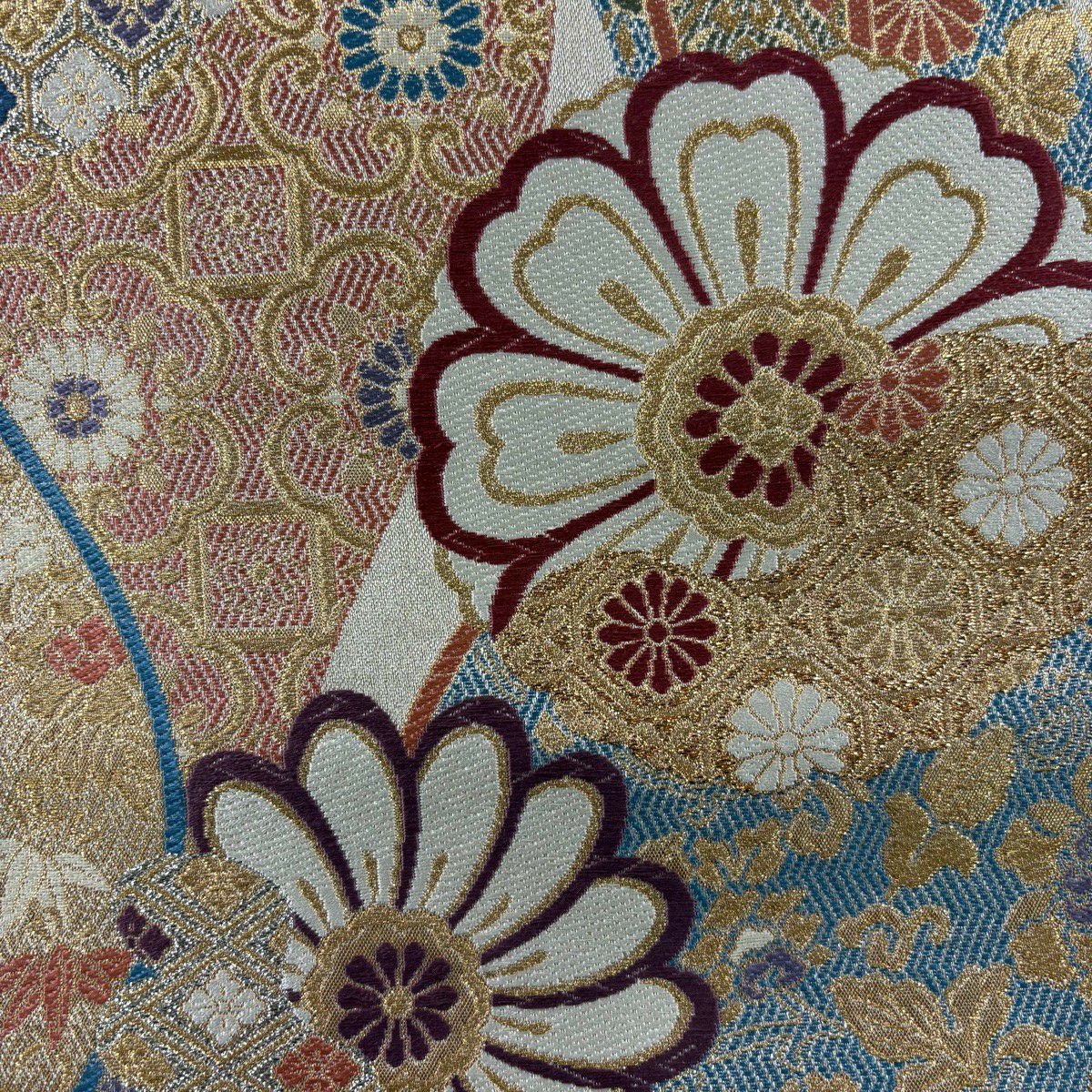 袋帶 秀品級 振袖禮服禮服用 草花紋紋 有職文樣 金絲 唐織 青灰 六通 純蠶絲
